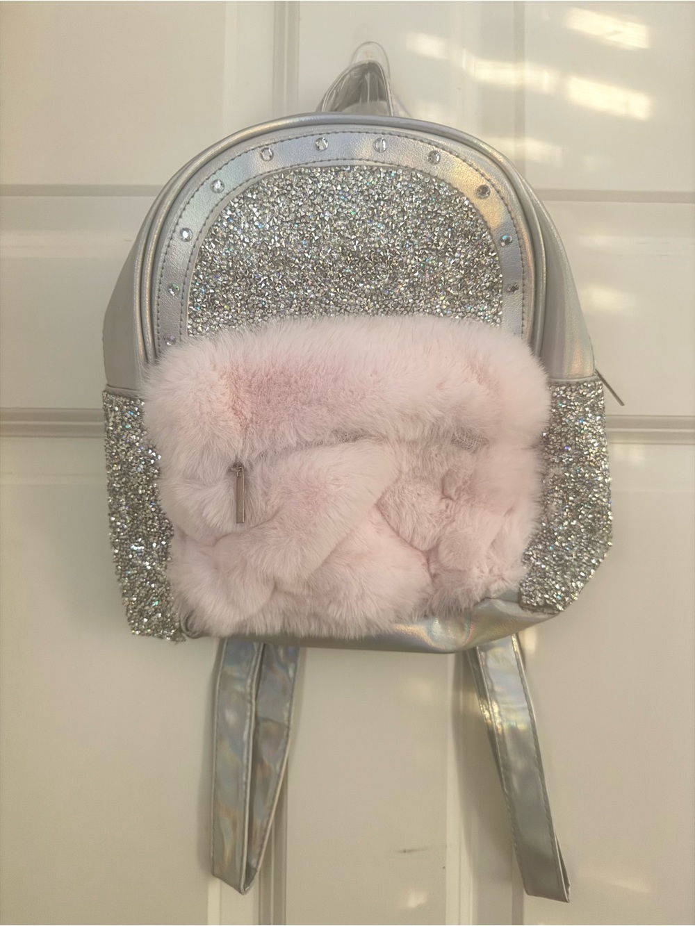 Claire's Silver Rhinestone Mini Backpack with Pink Faux Fur Pocket